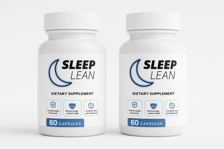 Two Sleep Lean dietary supplement bottles side by side, showing label icons for sleep quality, energy support, and metabolic balance.