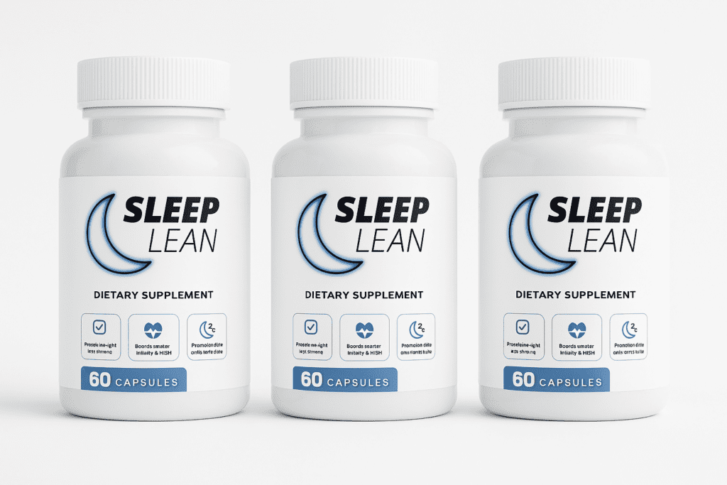 Three Sleep Lean supplement bottles aligned in a row, highlighting sleep support and wellness benefits.