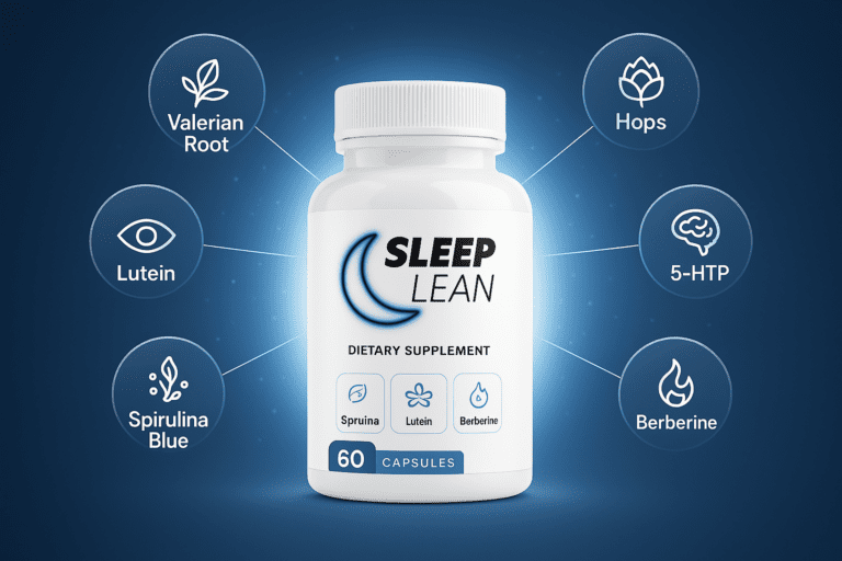 "Sleep Lean supplement bottle surrounded by highlighted ingredients such as Valerian Root, Hops, 5-HTP, Berberine, Spirulina Blue, and Lutein on a blue background.