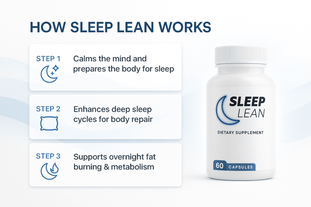 Sleep Lean supplement infographic showing three steps: calming the mind, enhancing deep sleep cycles, and supporting overnight fat burning, with a bottle of Sleep Lean capsules.