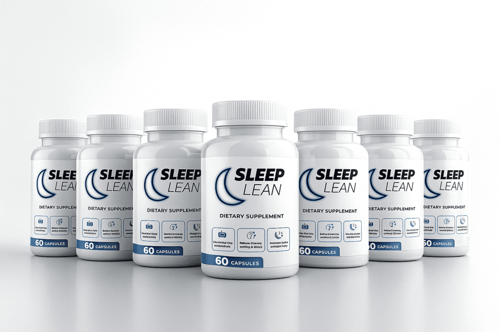 Six Sleep Lean dietary supplement bottles arranged in two rows, promoting sleep support and weight-loss benefits.