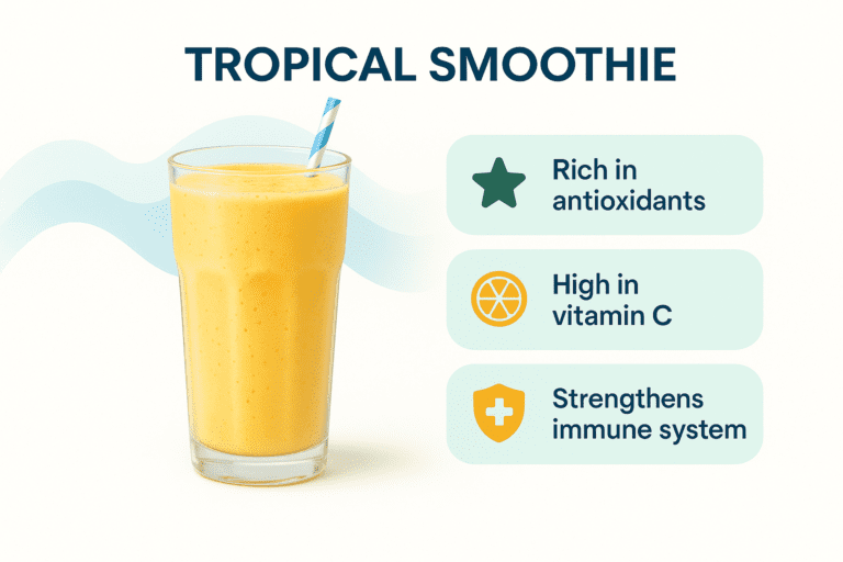 Glass of tropical yellow smoothie with benefits listed, including rich in antioxidants, high in vitamin C, and strengthens the immune system.