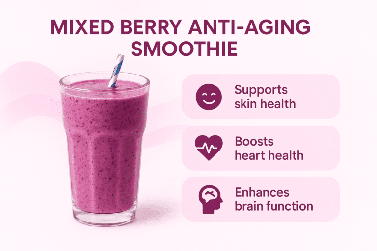 Mixed berry anti-aging smoothie in a glass with benefits listed, including supports skin health, boosts heart health, and enhances brain function.