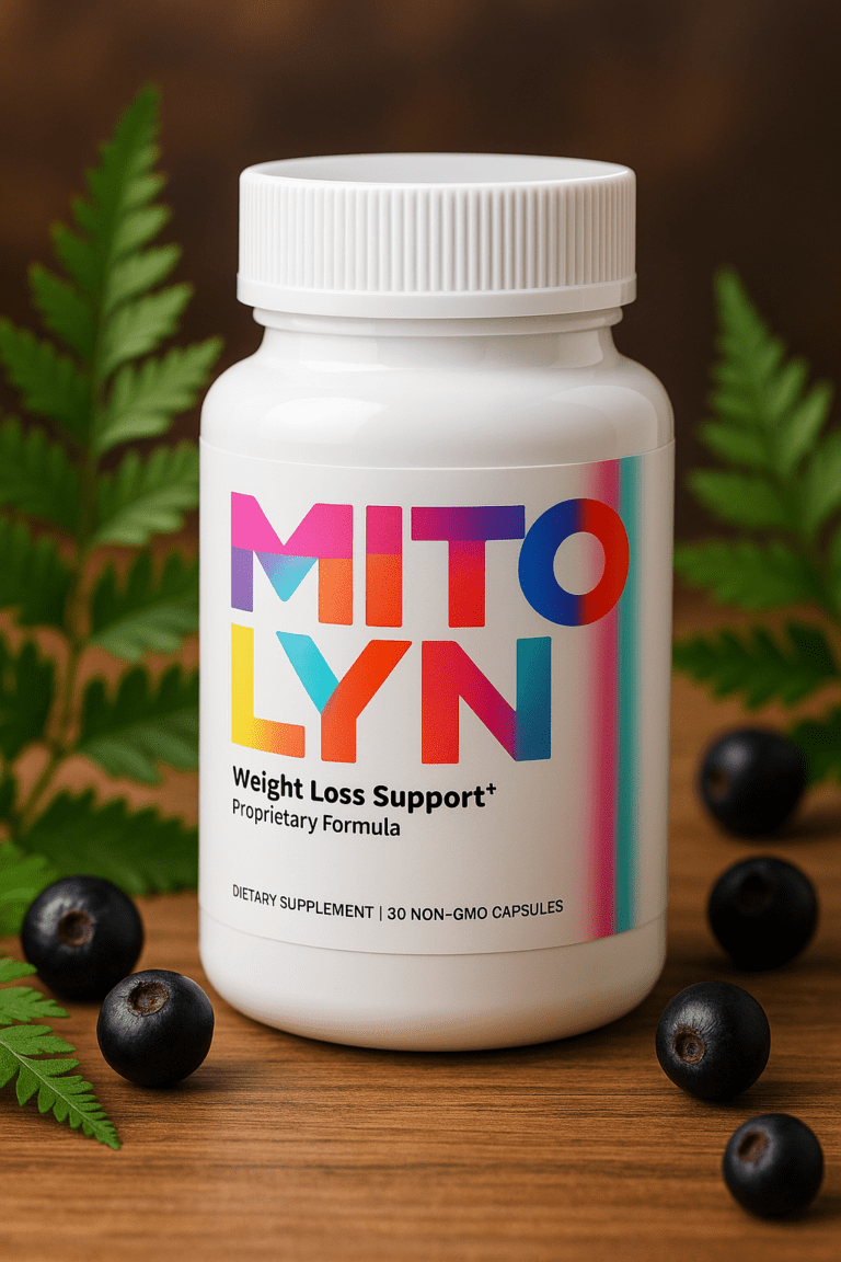 Mitolyn weight-loss support supplement bottle with berries and green leaves on a wooden surface.