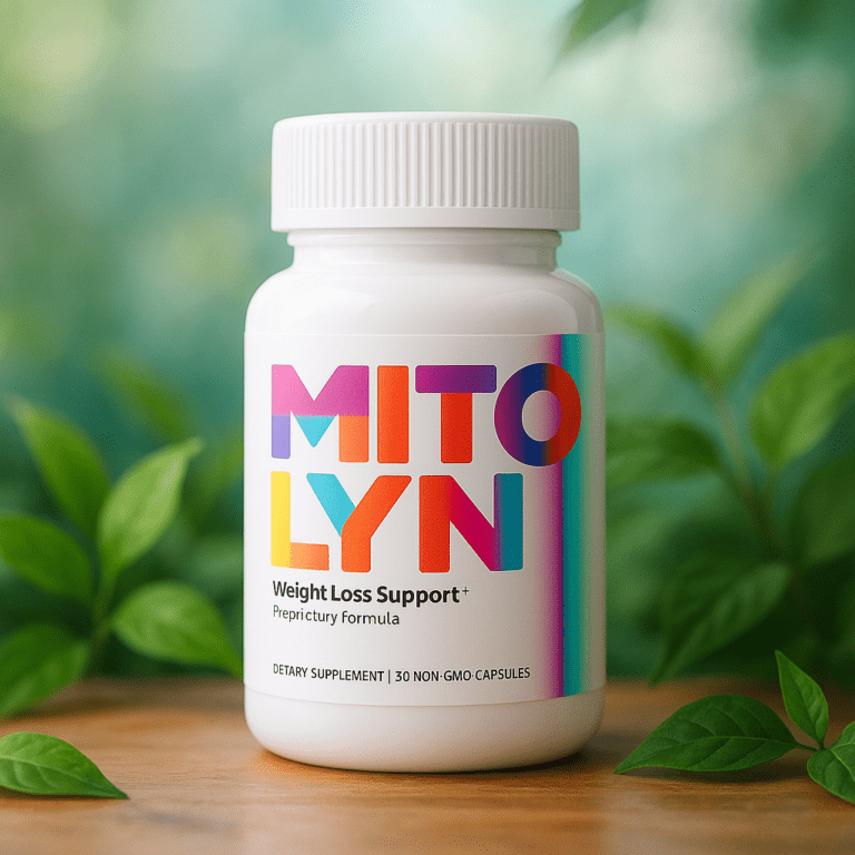 Mitolyn weight-loss support supplement bottle on a wooden surface with green leaves in the background.