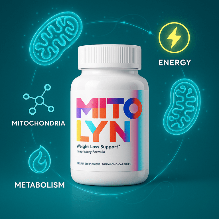 Mitolyn weight-loss support supplement bottle with illustrated mitochondria, energy, and metabolism icons on a teal background.
