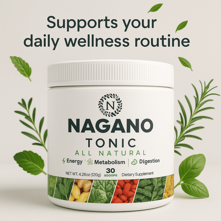Nagano Tonic all-natural wellness supplement jar with botanical ingredients to support energy, metabolism, and digestion.