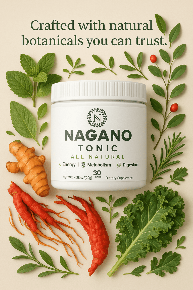 Nagano Tonic all-natural supplement jar surrounded by botanical ingredients like turmeric, herbs, and greens to support energy, metabolism, and digestion.