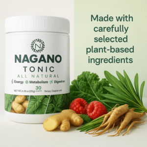Nagano Tonic all-natural supplement with plant-based ingredients like ginger, greens, raspberries, and herbs for energy, metabolism, and digestion support.