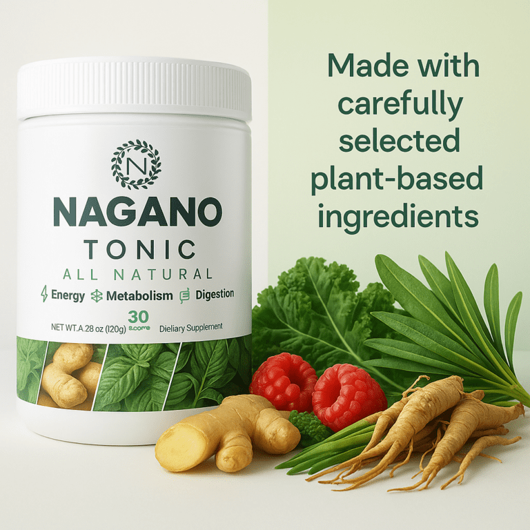 Nagano Tonic all-natural supplement with plant-based ingredients like ginger, greens, raspberries, and herbs for energy, metabolism, and digestion support.