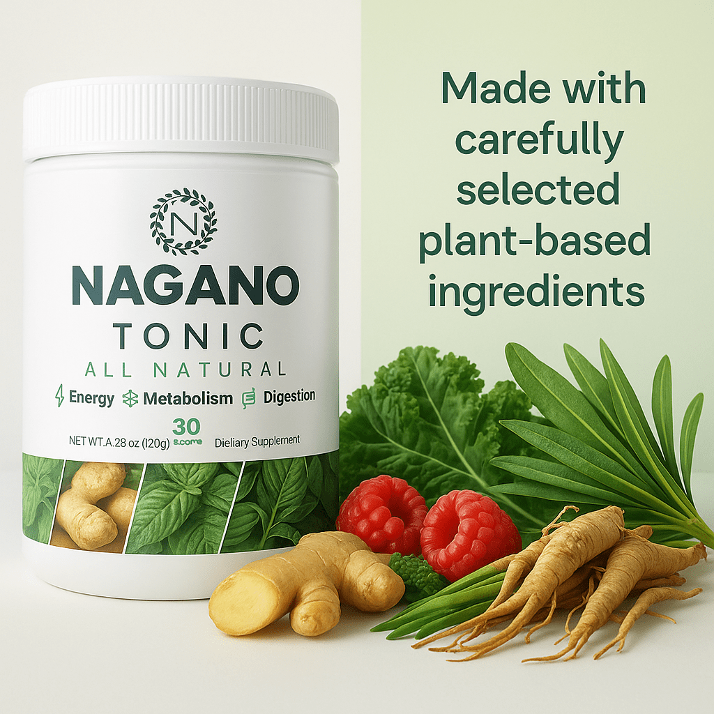 Nagano Tonic all-natural supplement with plant-based ingredients like ginger, greens, raspberries, and herbs for energy, metabolism, and digestion support.