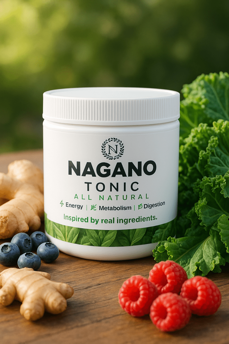 Nagano Tonic all-natural supplement jar with fresh blueberries, raspberries, ginger, and leafy greens, promoting energy, metabolism, and digestion.
