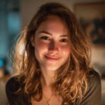 Smiling young woman with natural lighting and soft warm tones in a relaxed indoor setting.