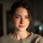 Portrait of a blonde woman with hazel eyes and a natural smile, with warm indoor lighting.