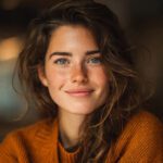 Smiling young woman with natural freckles and wavy hair wearing a warm sweater in soft natural light.