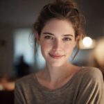 Smiling young woman with blonde hair wearing a grey hoodie in a softly lit room