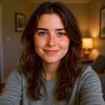 Smiling young woman in a cozy indoor room, wearing a light sweater and looking into the camera
