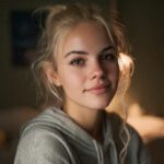 Close-up portrait of a young woman with brown hair and blue eyes smiling softly indoors