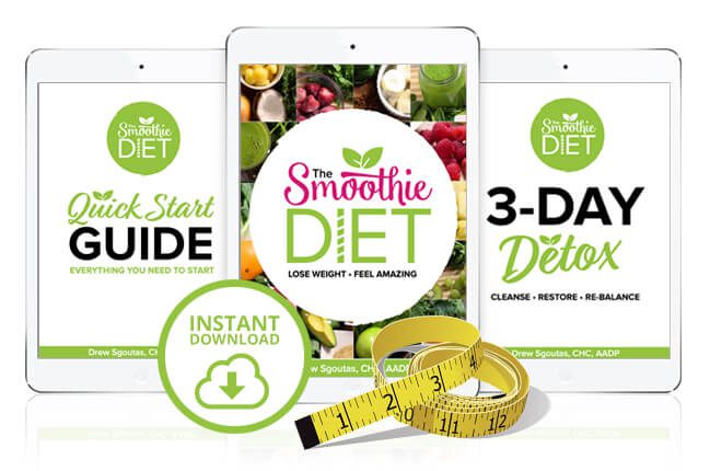 Smoothie Diet digital program bundle including Quick Start Guide, main Smoothie Diet plan, and 3-Day Detox, shown with a measuring tape and instant download icon.
